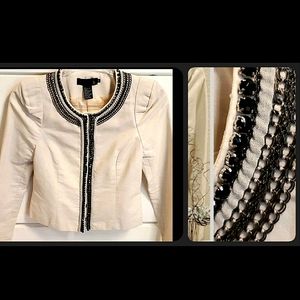 Isabel Lu Ivory Short Length Blazer with Faux Leather Gold Chain Neckline Detail